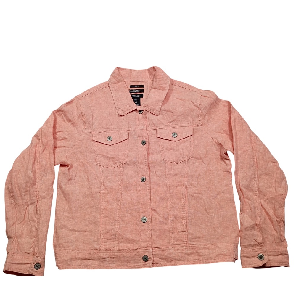 Jones & Co 100% Linen Jacket Womens XL Trucker Button Front Pink Solid Casual
